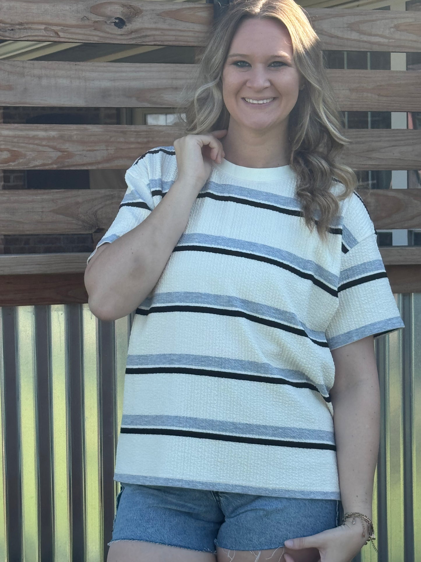Black/Grey/White Striped Top