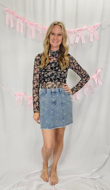 Black and Roses Floral Mesh Top