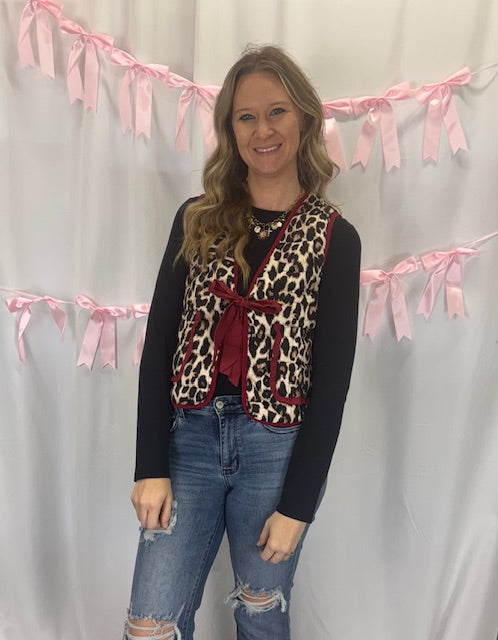 Red and Leopard Tie Front Vest