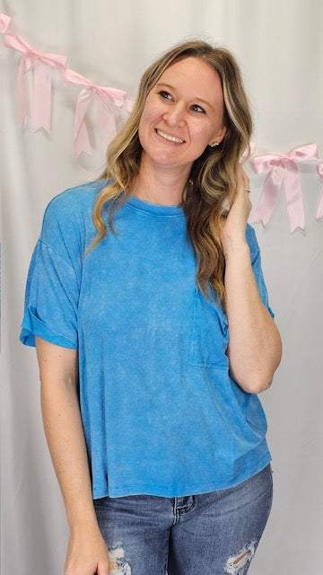 Blue Ribbed Pocket Tee