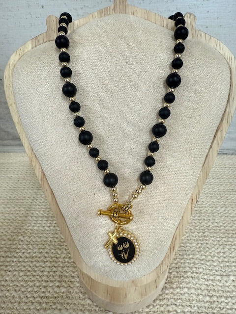 Beaded Black and Gold charm necklace