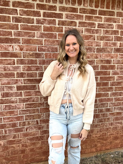 Beige front tie sweater