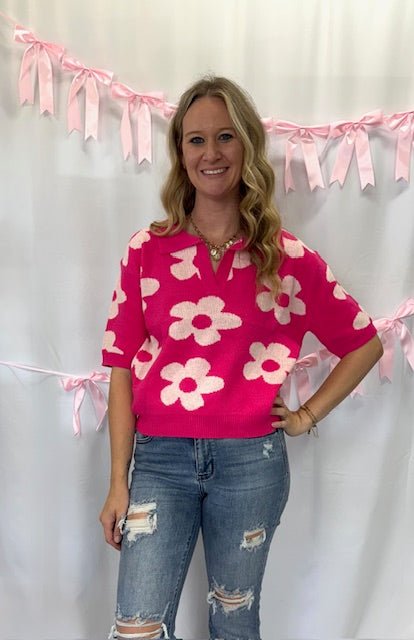Pink Flower Collared Shirt