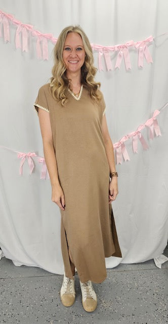 Brown Blanket Stitch Midi Dress