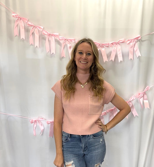 Light Pink Pocket Short Sleeve Sweater