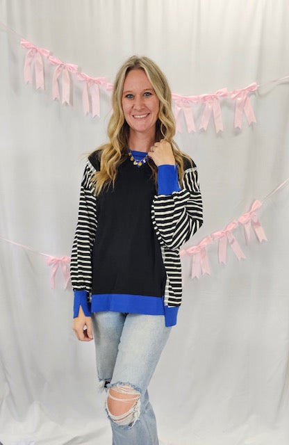 Striped Sleeve Sweatshirt-Black and Blue