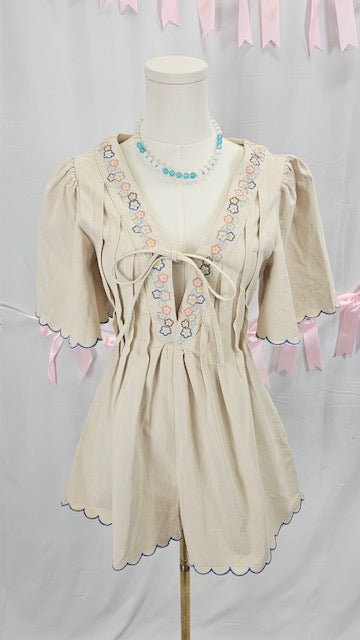 Embroidered Flower and Scallop Romper