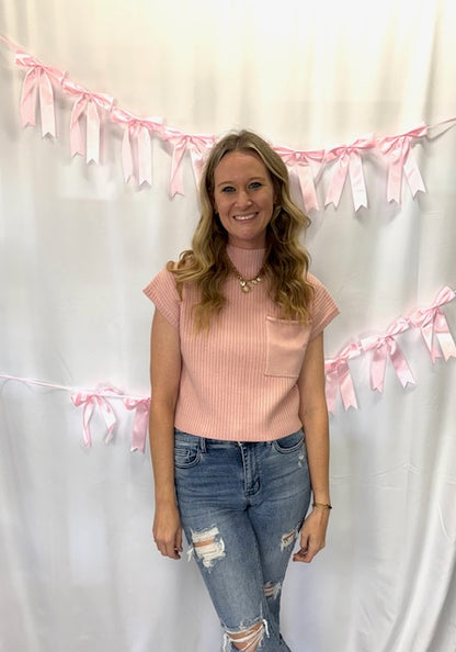 Light Pink Pocket Short Sleeve Sweater