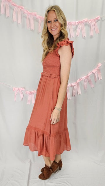 Terracotta Eyelet Detail Midi Dress