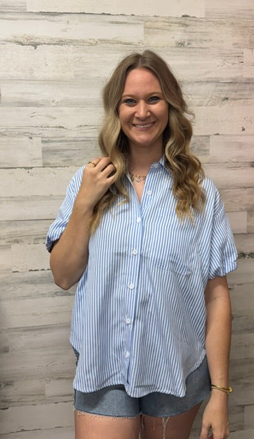 Blue Striped Button Up with Cheetah Detail