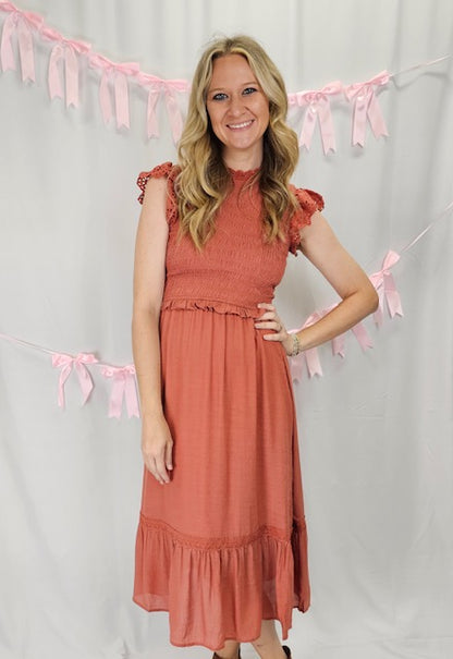 Terracotta Eyelet Detail Midi Dress