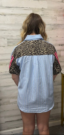 Blue Striped Button Up with Cheetah Detail