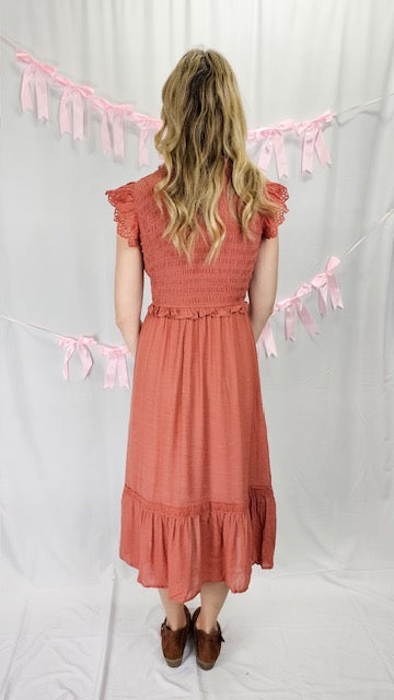 Terracotta Eyelet Detail Midi Dress