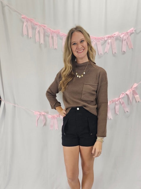 Brown Pocket Long Sleeve Sweater