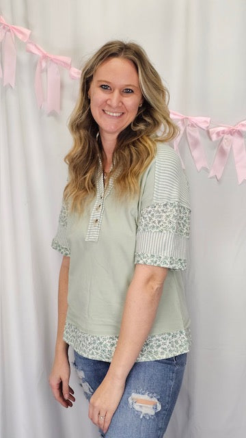 Green Floral Sleeve Top
