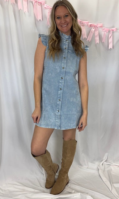 Mineral Wash Denim Dress with Frill Sleeve