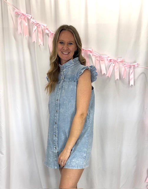 Mineral Wash Denim Dress with Frill Sleeve
