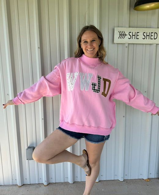 WWJD Pink Oversized Mock Neck