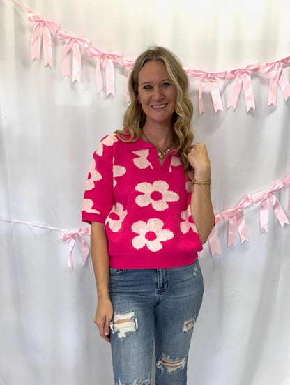 Pink Flower Collared Shirt