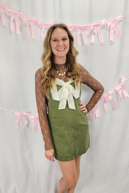 Ribbon Front Overall Olive Dress
