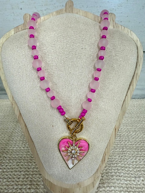 Beaded Pink and White Charm necklace