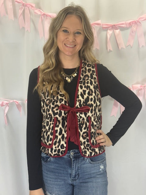 Red and Leopard Tie Front Vest