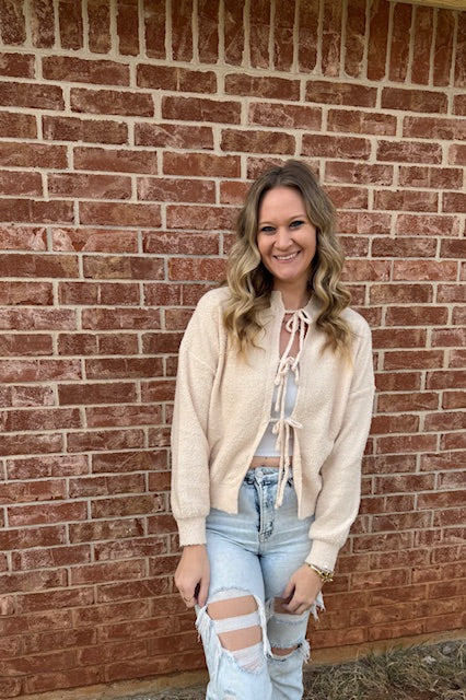 Beige front tie sweater