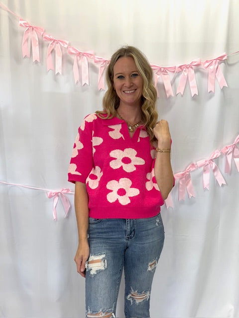 Pink Flower Collared Shirt