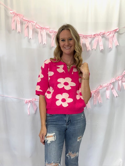 Pink Flower Collared Shirt