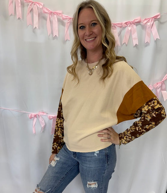 Floral Sleeve Brown Pullover