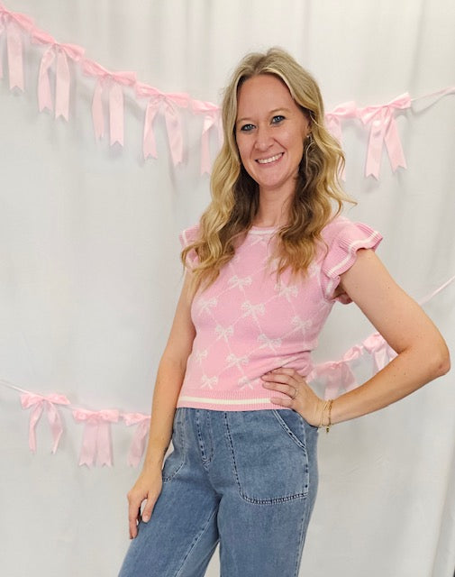 Pink Bow Cross Print Frill Sleeve Sweater