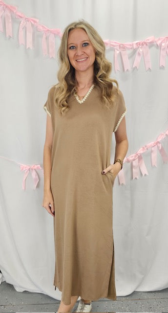 Brown Blanket Stitch Midi Dress