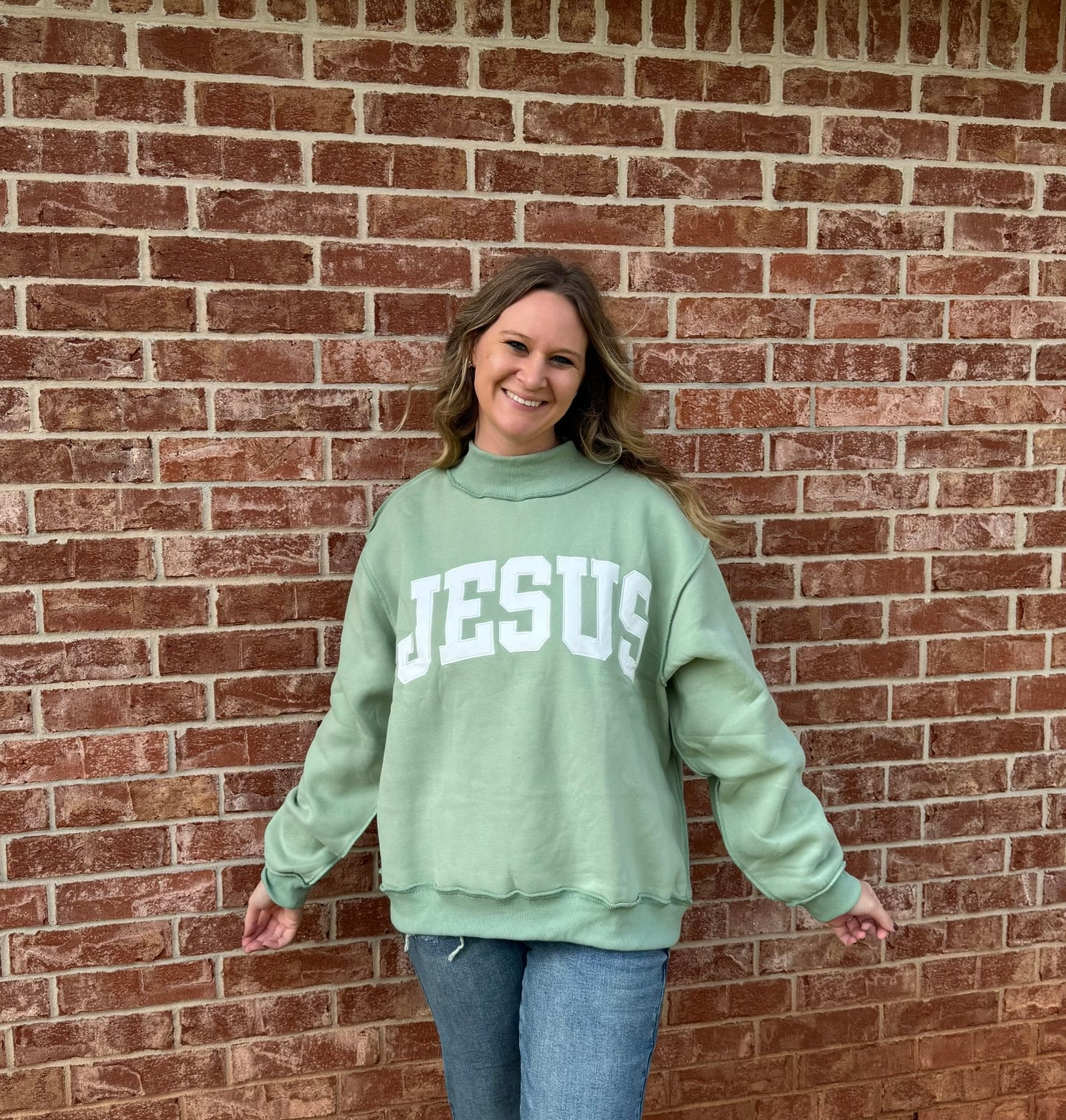 Jesus Mock Neck sage sweatshirt