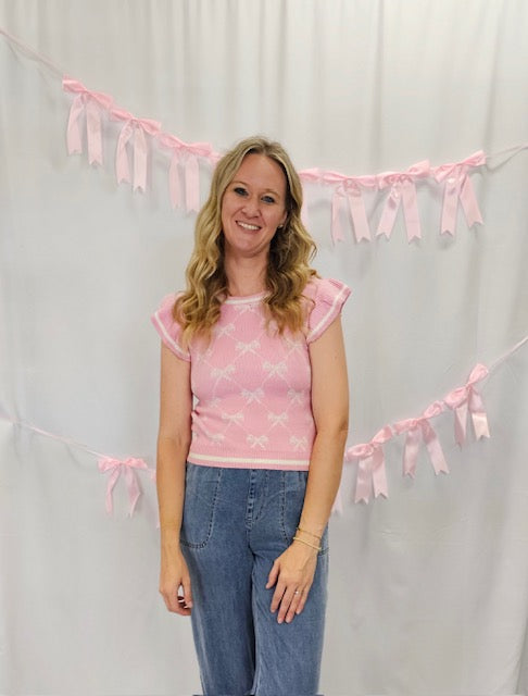 Pink Bow Cross Print Frill Sleeve Sweater