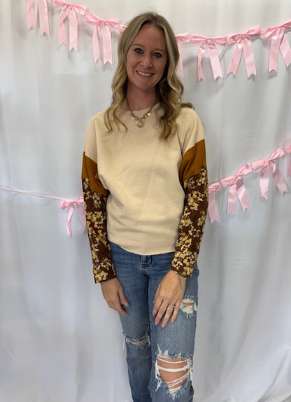 Floral Sleeve Brown Pullover
