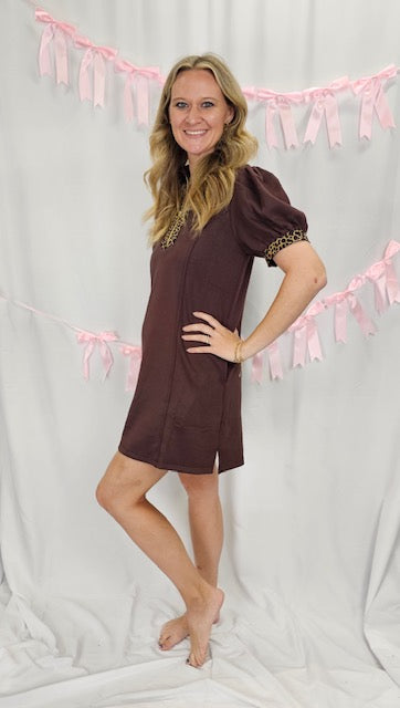 Brown with Leopard Trim Dress
