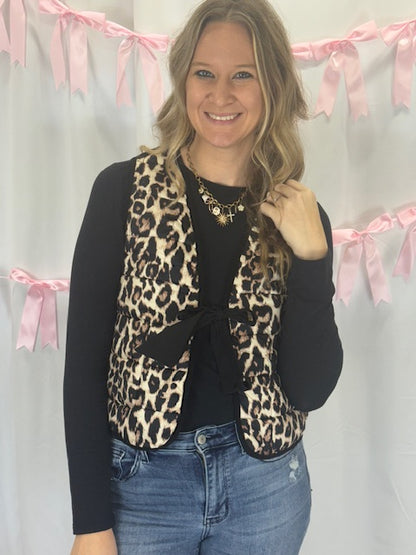 Black with Leopard inside Tie Front Vest