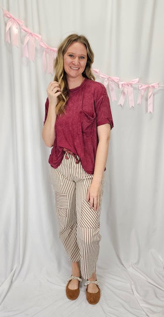 Burgundy Ribbed Pocket Tee