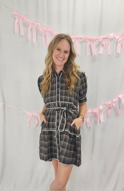 Plaid tie front dress