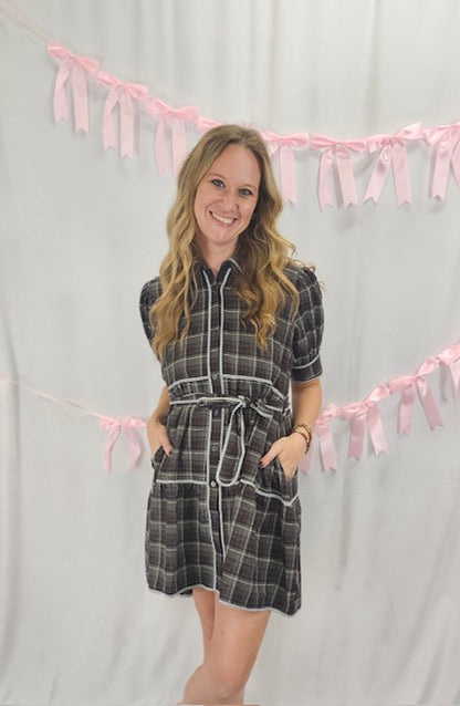 Plaid tie front dress