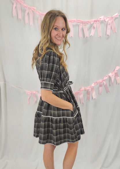 Plaid tie front dress
