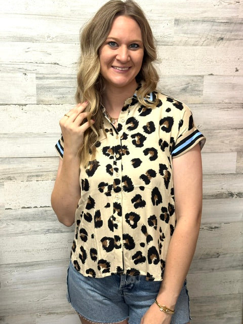 Cheetah Print Blouse with Blue Detail