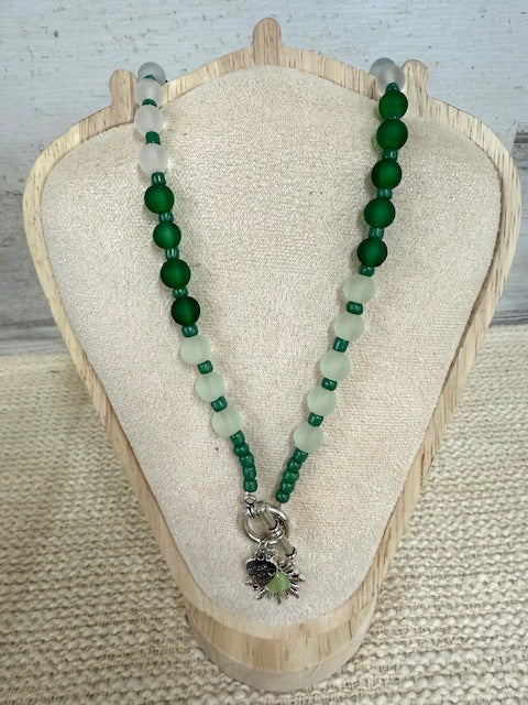 Beaded Green and White Charm necklace