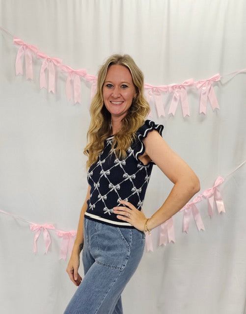 Navy Bow Cross Print Frill Sleeve Sweater