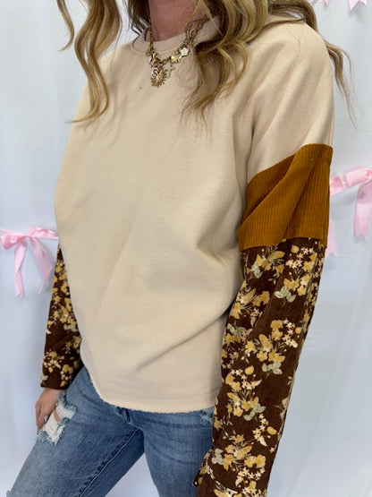 Floral Sleeve Brown Pullover