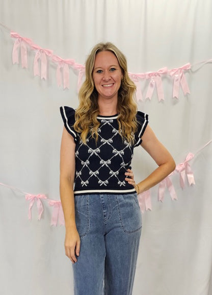 Navy Bow Cross Print Frill Sleeve Sweater