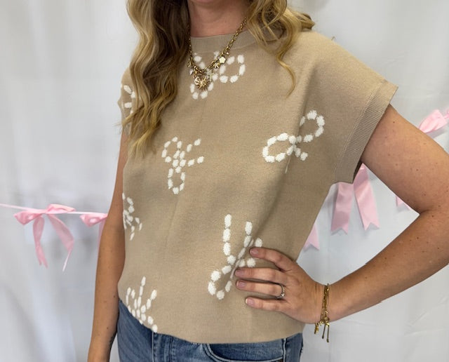 Khaki White Bow Detail Sweater