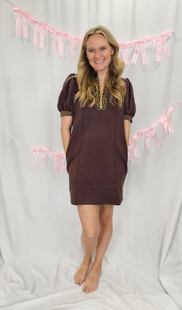 Brown with Leopard Trim Dress