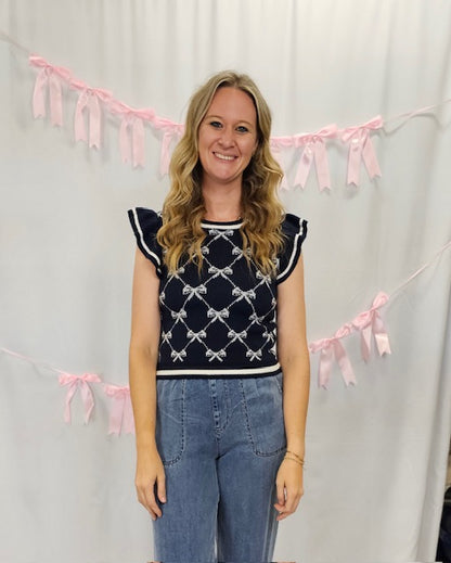 Navy Bow Cross Print Frill Sleeve Sweater
