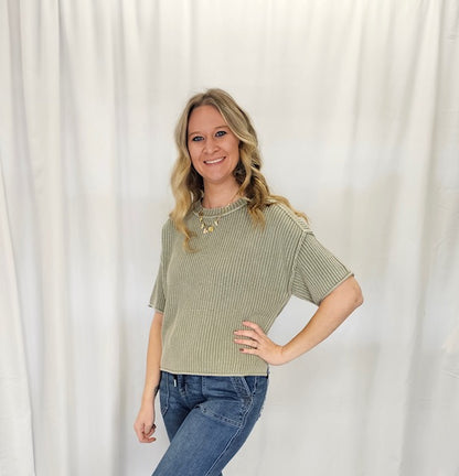 Olive short sleeve ribbed sweater